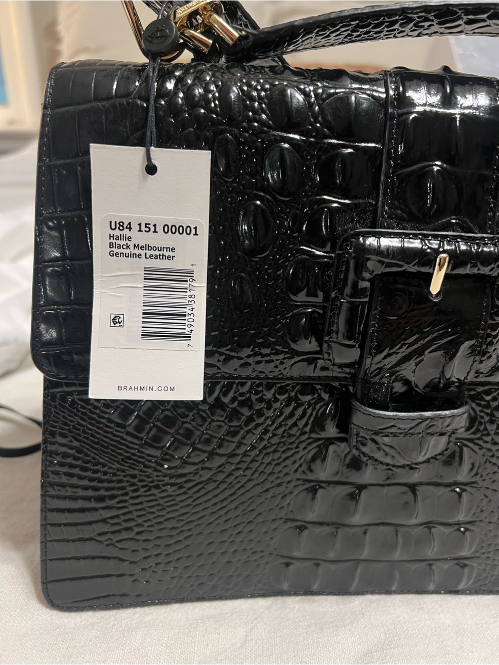 Brahmin Hallie Melbourne Black Croc-Embossed Leather Satchel - Picture 3 of 11